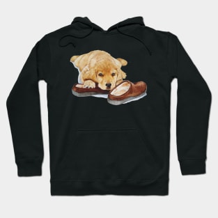 cute puppy golden retriever cuddling slippers Hoodie